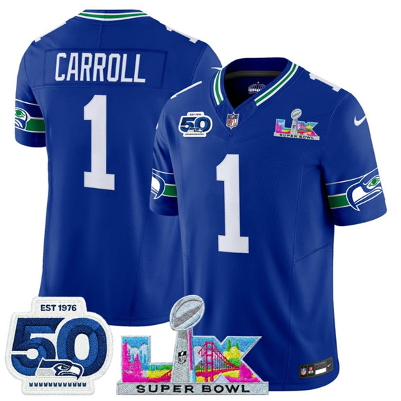 Seattle Seahawks #1 Pete Carroll Royal 2025 F.U.S.E. Super Bowl LX Patch And 50th Season Patch Vapor Throwback Limited Football Stitched Jersey