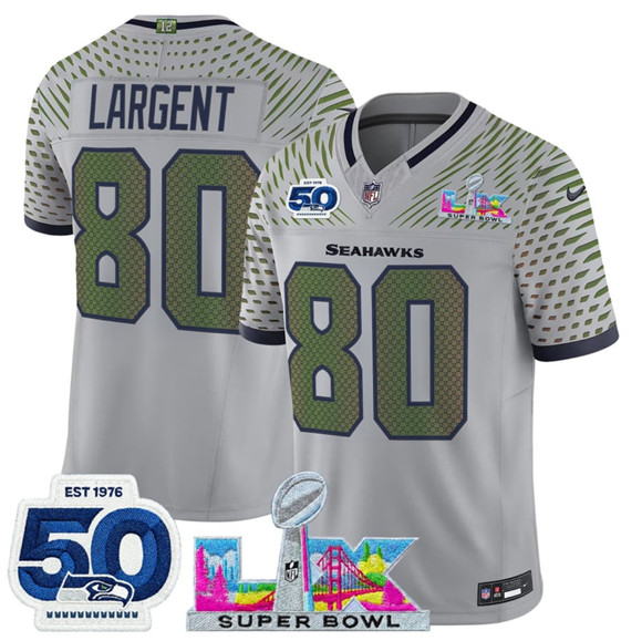 Seattle Seahawks #80 Steve Largent Gray 2025 F.U.S.E. Super Bowl LX Patch And 50th Season Patch ??Rivalries?? Vapor Limited Football Stitched Jersey