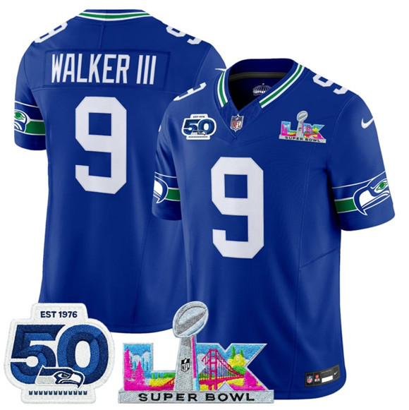 Seattle Seahawks #9 Kenneth Walker III Royal 2025 F.U.S.E. Super Bowl LX Patch And 50th Season Patch Vapor Throwback Limited Football Stitched Jersey