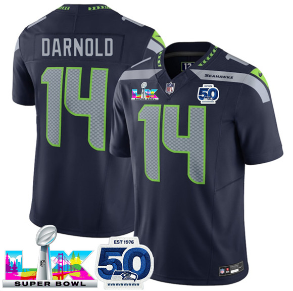 Seattle Seahawks #14 Sam Darnold Navy 2025 F.U.S.E. Super Bowl LX Patch And 50th Season Patch Vapor Limited Football Stitched Jersey