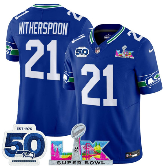 Seattle Seahawks #21 Devon Witherspoon Royal 2025 F.U.S.E. Super Bowl LX Patch And 50th Season Patch Vapor Throwback Limited Football Stitched Jersey