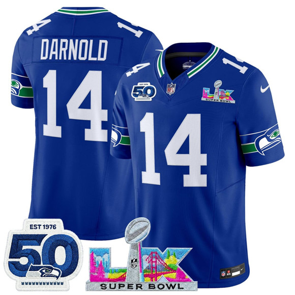 Seattle Seahawks #14 Sam Darnold Royal 2025 F.U.S.E. Super Bowl LX Patch And 50th Season Patch Vapor Throwback Limited Football Stitched Jersey