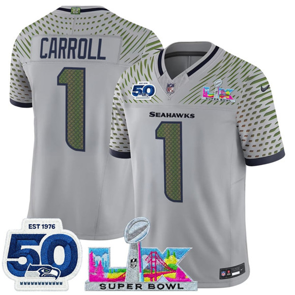Seattle Seahawks #1 Pete Carroll Gray 2025 F.U.S.E. Super Bowl LX Patch And 50th Season Patch ??Rivalries?? Vapor Limited Football Stitched Jersey