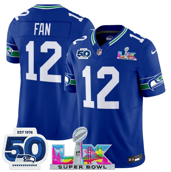 Seattle Seahawks #12 Fan Royal 2025 F.U.S.E. Super Bowl LX Patch And 50th Season Patch Vapor Throwback Limited Football Stitched Jersey