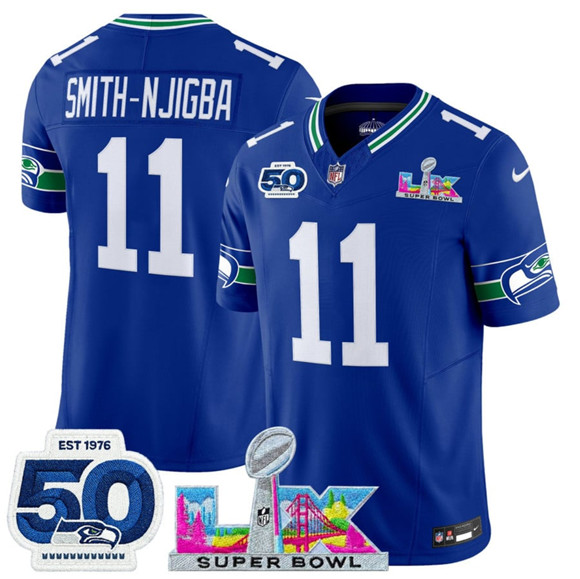Seattle Seahawks #11 Jaxon Smith-Njigba Royal 2025 F.U.S.E. Super Bowl LX Patch And 50th Season Patch Vapor Throwback Limited Football Stitched Jersey