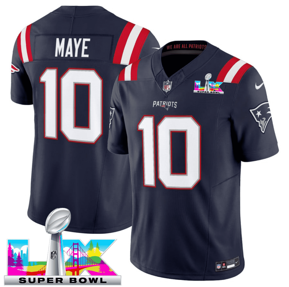 New England Patriots #10 Drake Maye Navy 2025 F.U.S.E. Super Bowl LX Patch Vapor Limited Football Stitched Jersey
