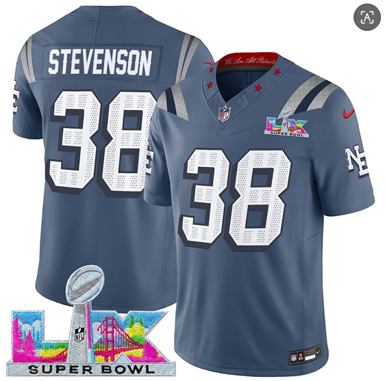 New England Patriots #38 Rhamondre Stevenson Storm Blue 2025 F.U.S.E. Super Bowl LX Patch ??Rivalries?? Vapor Limited Football Stitched Jersey