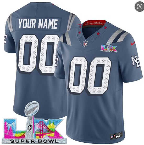 New England Patriots Active Player Custom Storm Blue 2025 F.U.S.E. Super Bowl LX Patch ??Rivalries?? Vapor Limited Football Stitched Jersey New England Patriots Active Player Custom Storm Blue 2025 F.U.S.E. Super Bowl LX Patch ??Rivalries?? Vapor Limited Football Stitched Jersey
