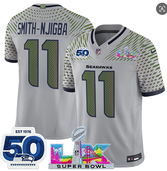 Seattle Seahawks #11 Jaxon Smith-Njigba Gray 2025 F.U.S.E. Super Bowl LX Patch And 50th Season Patch ??Rivalries?? Vapor Limited Football Stitched Jersey