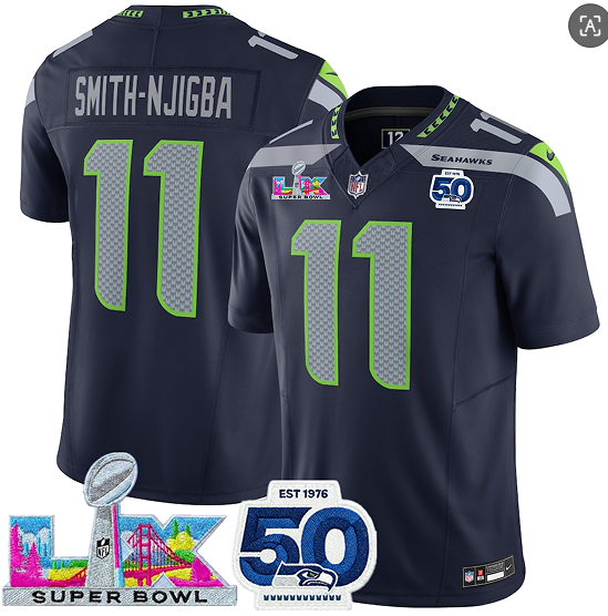 Seattle Seahawks #11 Jaxon Smith-Njigba Navy 2025 F.U.S.E. Super Bowl LX Patch And 50th Season Patch Vapor Limited Football Stitched Jersey