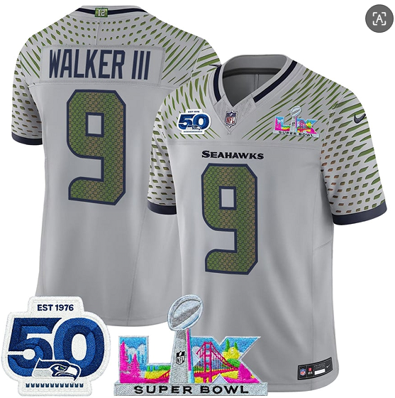 Seattle Seahawks #9 Kenneth Walker III Gray 2025 F.U.S.E. Super Bowl LX Patch And 50th Season Patch ??Rivalries?? Vapor Limited Football Stitched Jersey