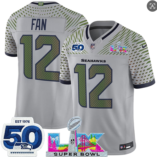 Seattle Seahawks #12 Fan Gray 2025 F.U.S.E. Super Bowl LX Patch And 50th Season Patch ??Rivalries?? Vapor Limited Football Stitched Jersey