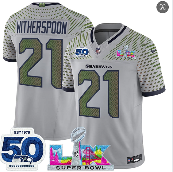 Seattle Seahawks #21 Devon Witherspoon Gray 2025 F.U.S.E. Super Bowl LX Patch And 50th Season Patch ??Rivalries?? Vapor Limited Football Stitched Jersey