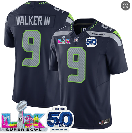 Seattle Seahawks #9 Kenneth Walker III Navy 2025 F.U.S.E. Super Bowl LX Patch And 50th Season Patch Vapor Limited Football Stitched Jersey