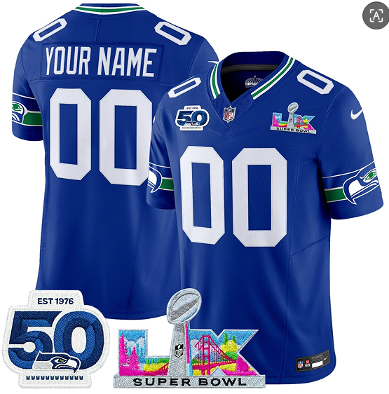 Seattle Seahawks Active Player Custom Royal 2025 F.U.S.E. Super Bowl LX Patch And 50th Season Patch Vapor Throwback Limited Football Stitched Jersey