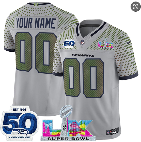Seattle Seahawks Active Player Custom Gray 2025 F.U.S.E. Super Bowl LX Patch And 50th Season Patch ??Rivalries?? Vapor Limited Stitched Jersey