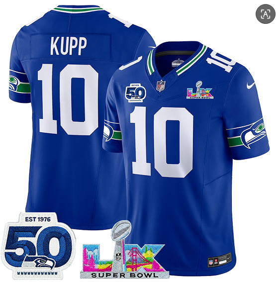 Seattle Seahawks #10 Cooper Kupp Royal 2025 F.U.S.E. Super Bowl LX Patch And 50th Season Patch Vapor Throwback Limited Football Stitched Jersey