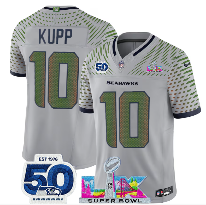 Seattle Seahawks #10 Cooper Kupp Grey 2025 F.U.S.E. Super Bowl LX Patch And 50th Season Patch ??Rivalries?? Vapor Limited Football Stitched Jersey