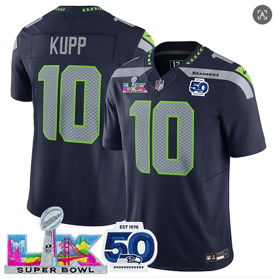 Seattle Seahawks #10 Cooper Kupp Navy 2025 F.U.S.E. Super Bowl LX Patch And 50th Season Patch Vapor Limited Football Stitched Jersey