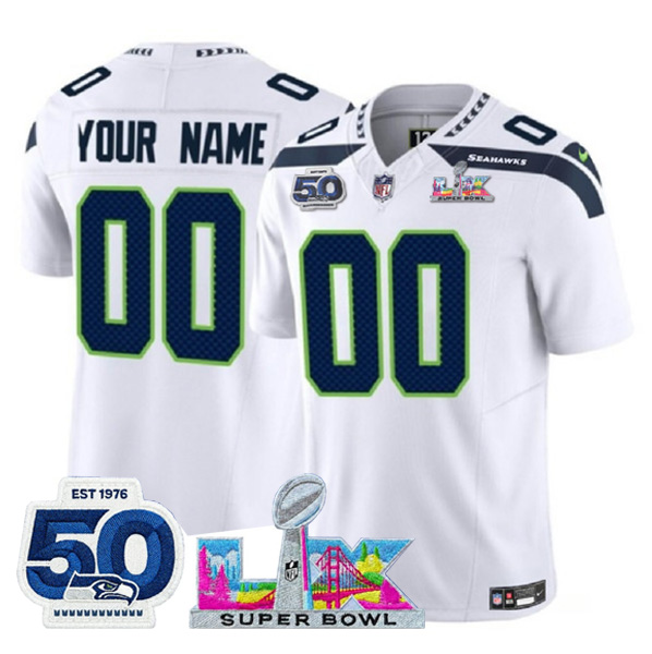 Seattle Seahawks Active Player Custom White 2025 F.U.S.E. Super Bowl LX Patch And 50th Season Patch Vapor Limited Football Stitched Jersey