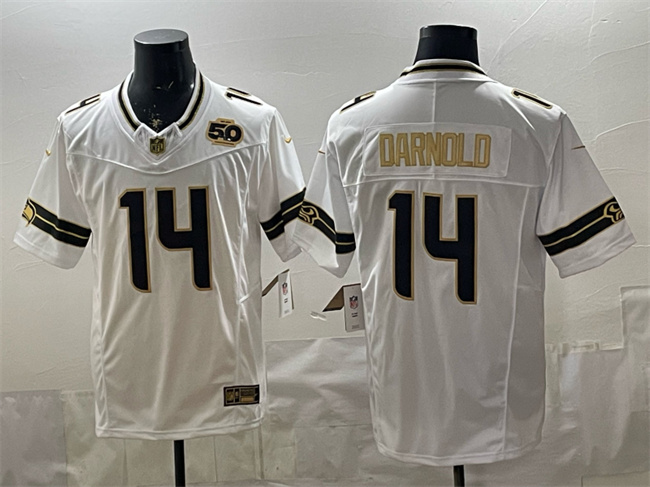 Seattle Seahawks #14 Sam Darnold White Gold 2025 F.U.S.E. 50th Season Patch Vapor Limited Stitched Football Jersey