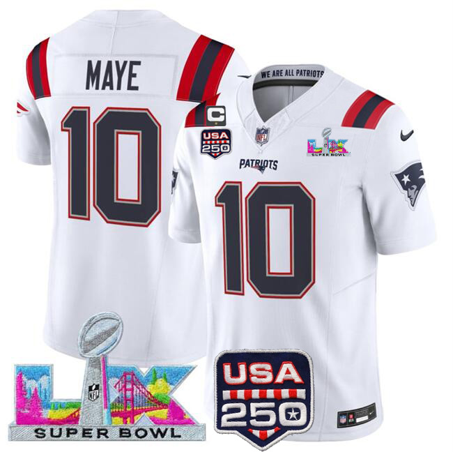 New England Patriots #10 Drake Maye White 2025 F.U.S.E. Super Bowl LX Patch USA 250' Patch Vapor Limited Football Stitched Jersey