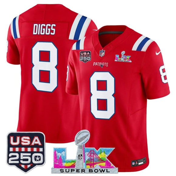 New England Patriots #8 Stefon Diggs Red 2025 F.U.S.E. Super Bowl LX Patch And USA 250' Patch Vapor Limited Football Stitched Jersey