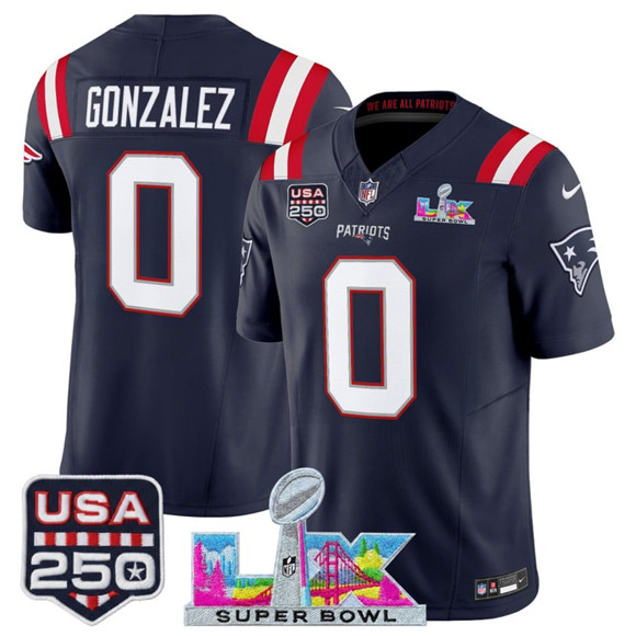 New England Patriots #0 Christian Gonzalez Navy 2025 F.U.S.E. Super Bowl LX Patch And USA 250' Patch Vapor Limited Football Stitched Jersey