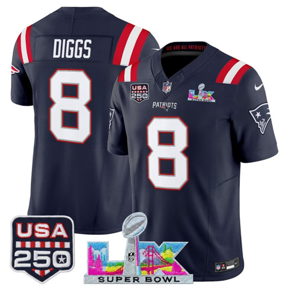 New England Patriots #8 Stefon Diggs Navy 2025 F.U.S.E. Super Bowl LX Patch And USA 250' Patch Vapor Limited Football Stitched Jersey