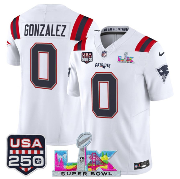 New England Patriots #0 Christian Gonzalez White 2025 F.U.S.E. Super Bowl LX Patch And USA 250' Patch Vapor Limited Football Stitched Jersey