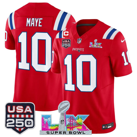 New England Patriots #10 Drake Maye Red 2025 F.U.S.E. 1-Star C Patch And Super Bowl LX Patch & USA 250' Patch Vapor Limited Football Stitched Jersey