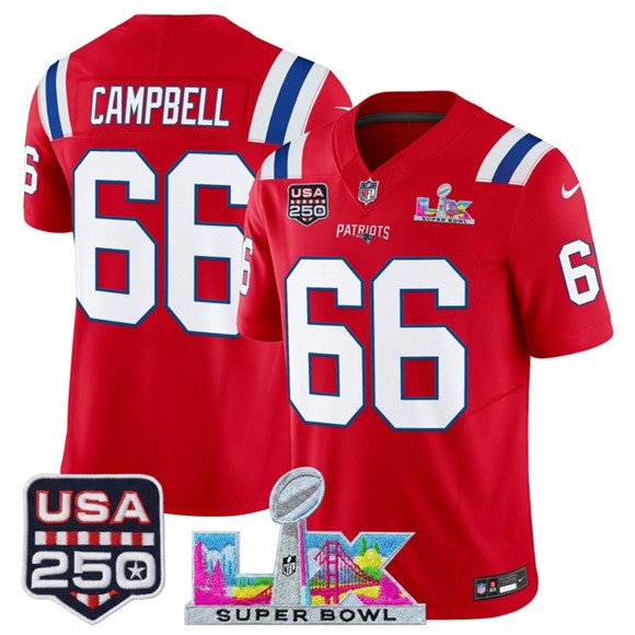 New England Patriots #66 Will Campbell Red 2025 F.U.S.E. Super Bowl LX Patch And USA 250' Patch Vapor Limited Football Stitched Jersey