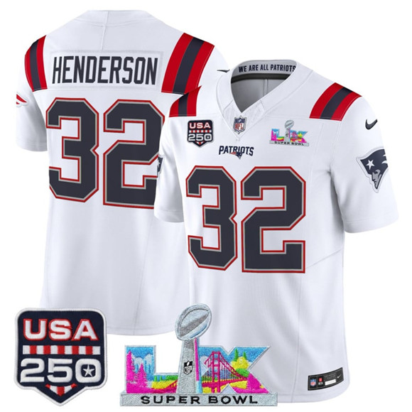 New England Patriots #32 TreVeyon Henderson White 2025 F.U.S.E. Super Bowl LX Patch And USA 250' Patch Vapor Limited Football Stitched Jersey