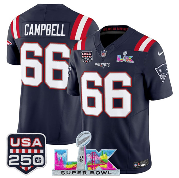 New England Patriots #66 Will Campbell Navy 2025 F.U.S.E. Super Bowl LX Patch And USA 250' Patch Vapor Limited Football Stitched Jersey
