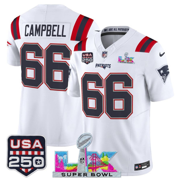 New England Patriots #66 Will Campbell White 2025 F.U.S.E. Super Bowl LX Patch And USA 250' Patch Vapor Limited Football Stitched Jersey
