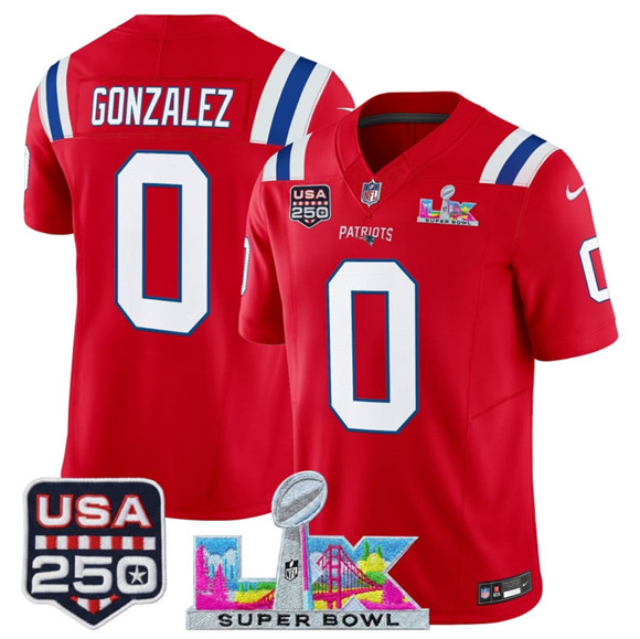 New England Patriots #0 Christian Gonzalez Red 2025 F.U.S.E. Super Bowl LX Patch And USA 250' Patch Vapor Limited Football Stitched Jersey