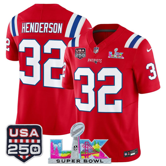 New England Patriots #32 TreVeyon Henderson Red 2025 F.U.S.E. Super Bowl LX Patch And USA 250' Patch Vapor Limited Football Stitched Jersey