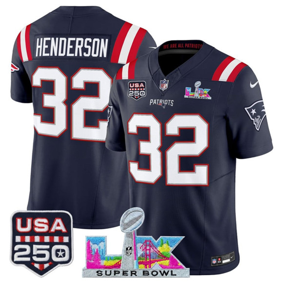 New England Patriots #32 TreVeyon Henderson Navy 2025 F.U.S.E. Super Bowl LX Patch And USA 250' Patch Vapor Limited Football Stitched Jersey