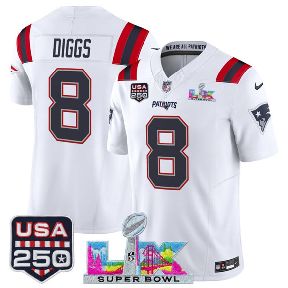 New England Patriots #8 Stefon Diggs White 2025 F.U.S.E. Super Bowl LX Patch And USA 250' Patch Vapor Limited Football Stitched Jersey