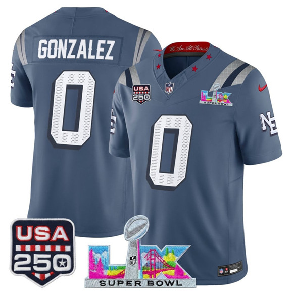 New England Patriots #0 Christian Gonzalez Storm Blue 2025 F.U.S.E. Super Bowl LX & USA 250' Patch ??Rivalries?? Vapor Limited Football Stitched Jersey