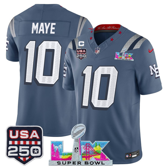 New England Patriots #10 Drake Maye Storm Blue 2025 F.U.S.E. 1-Star C Patch And Super Bowl LX Patch & USA 250' Patch ??Rivalries?? Vapor Limited Football Stitched Jersey