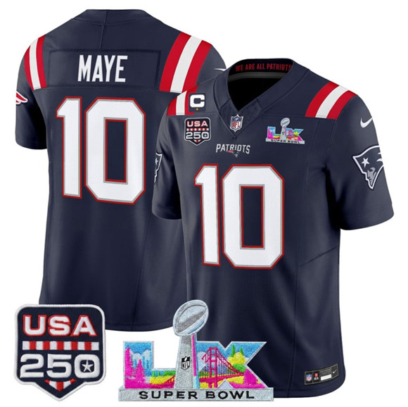 New England Patriots #10 Drake Maye Navy 2025 F.U.S.E. 1-Star C Patch And Super Bowl LX Patch & USA 250' Patch Vapor Limited Football Stitched Jersey