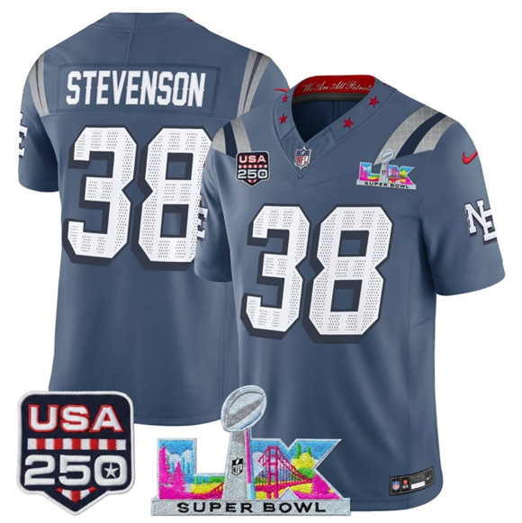 New England Patriots #38 Rhamondre Stevenson Storm Blue 2025 F.U.S.E. Super Bowl LX & USA 250' Patch ??Rivalries?? Vapor Limited Football Stitched Jersey