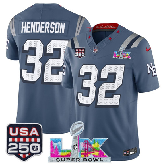 New England Patriots #32 TreVeyon Henderson Storm Blue 2025 F.U.S.E. Super Bowl LX & USA 250' Patch ??Rivalries?? Vapor Limited Football Stitched Jersey