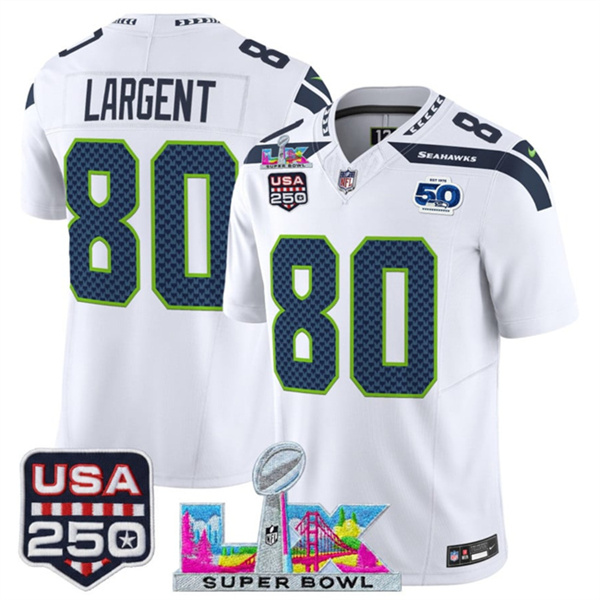 Seattle Seahawks #80 Steve Largent White 2025 F.U.S.E. Super Bowl LX Patch And 50th Season & USA 250' Patch Vapor Limited Football Stitched Jersey