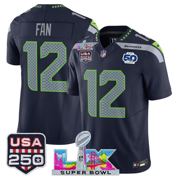 Seattle Seahawks #12 Fan Navy 2025 F.U.S.E. Super Bowl LX Patch And 50th Season Patch Vapor Limited Football Stitched Jersey Seattle Seahawks #12 Fan Navy 2025 F.U.S.E. Super Bowl LX Patch And 50th Season Patch Vapor Limited Football Stitched Jersey