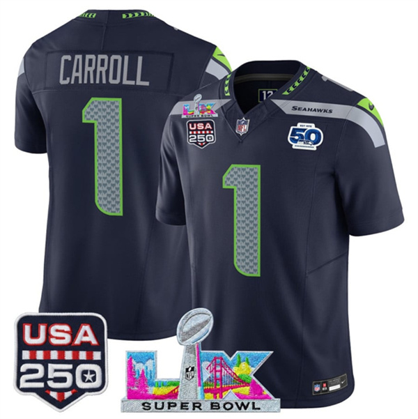 Seattle Seahawks #1 Pete Carroll Navy 2025 F.U.S.E. Super Bowl LX Patch And 50th Season & USA 250' Patch Vapor Limited Football Stitched Jersey