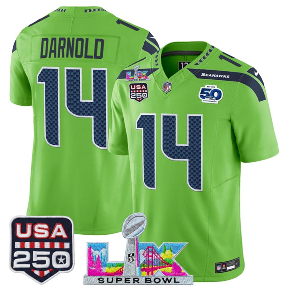 Seattle Seahawks #14 Sam Darnold Green 2025 F.U.S.E. Super Bowl LX Patch And 50th Season & USA 250' Patch Vapor Limited Football Stitched Jersey