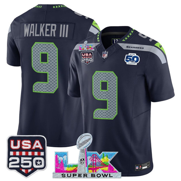 Seattle Seahawks #9 Kenneth Walker III Navy 2025 F.U.S.E. Super Bowl LX Patch And 50th Season & USA 250' Patch Vapor Limited Football Stitched Jersey