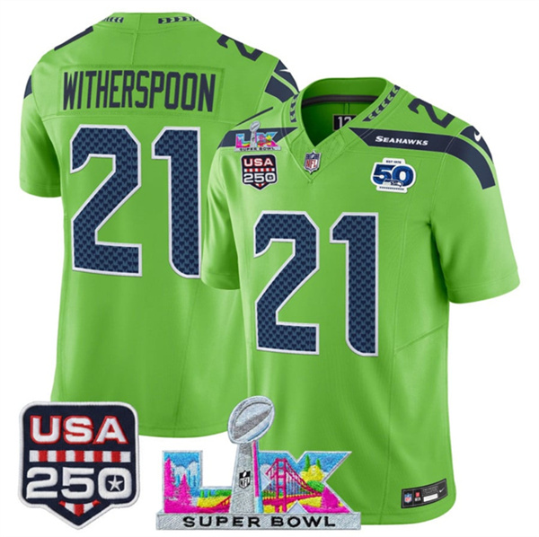 Seattle Seahawks #21 Devon Witherspoon Green 2025 F.U.S.E. Super Bowl LX Patch And 50th Season & USA 250' Patch Vapor Limited Football Stitched Jersey